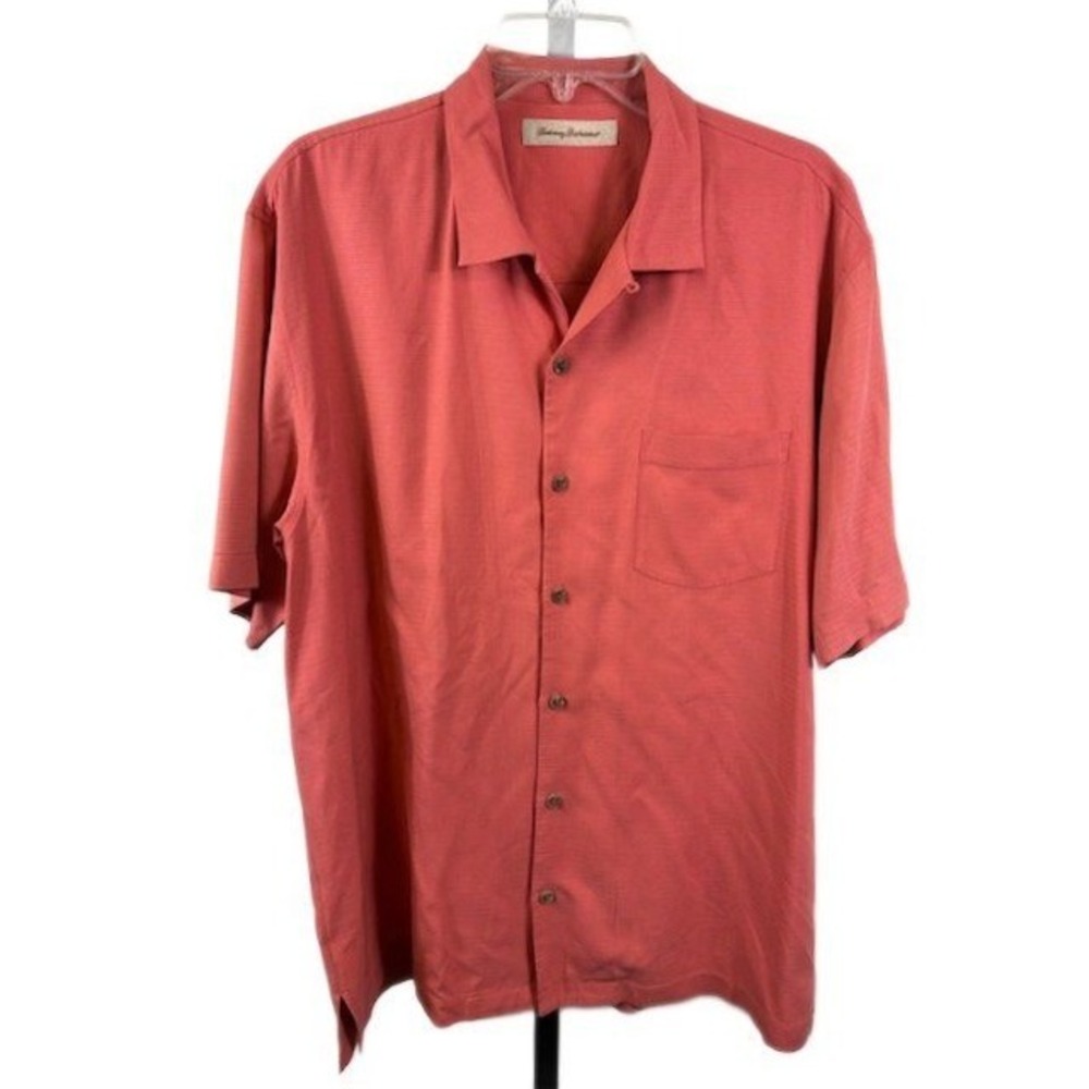 Tommy Bahama Men's Size Large Coral 100% Silk Short Sleeve Button Up Shirt